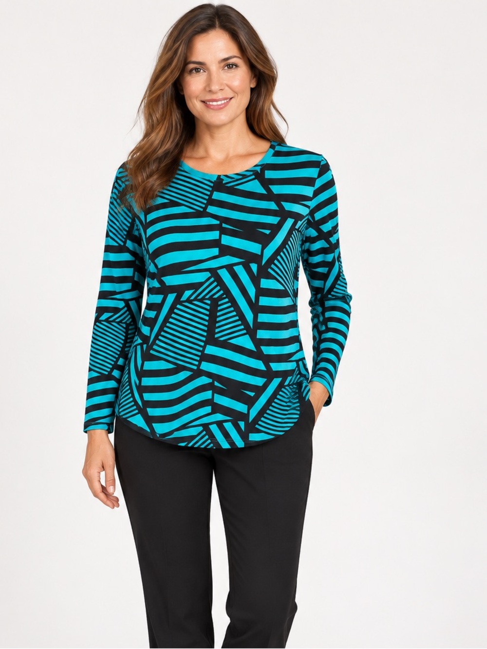 Chico’s Size 0 Turquoise Black Geometric Print Long Sleeve Cotton Top